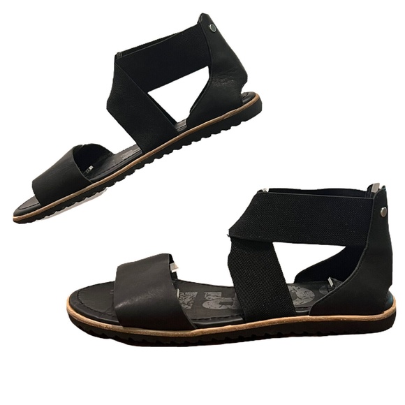 Sorel Ella Black Leather Slip On Flat Ankle-Strap Open Toe Sandals Womens Sz 6.5 - Picture 2 of 12